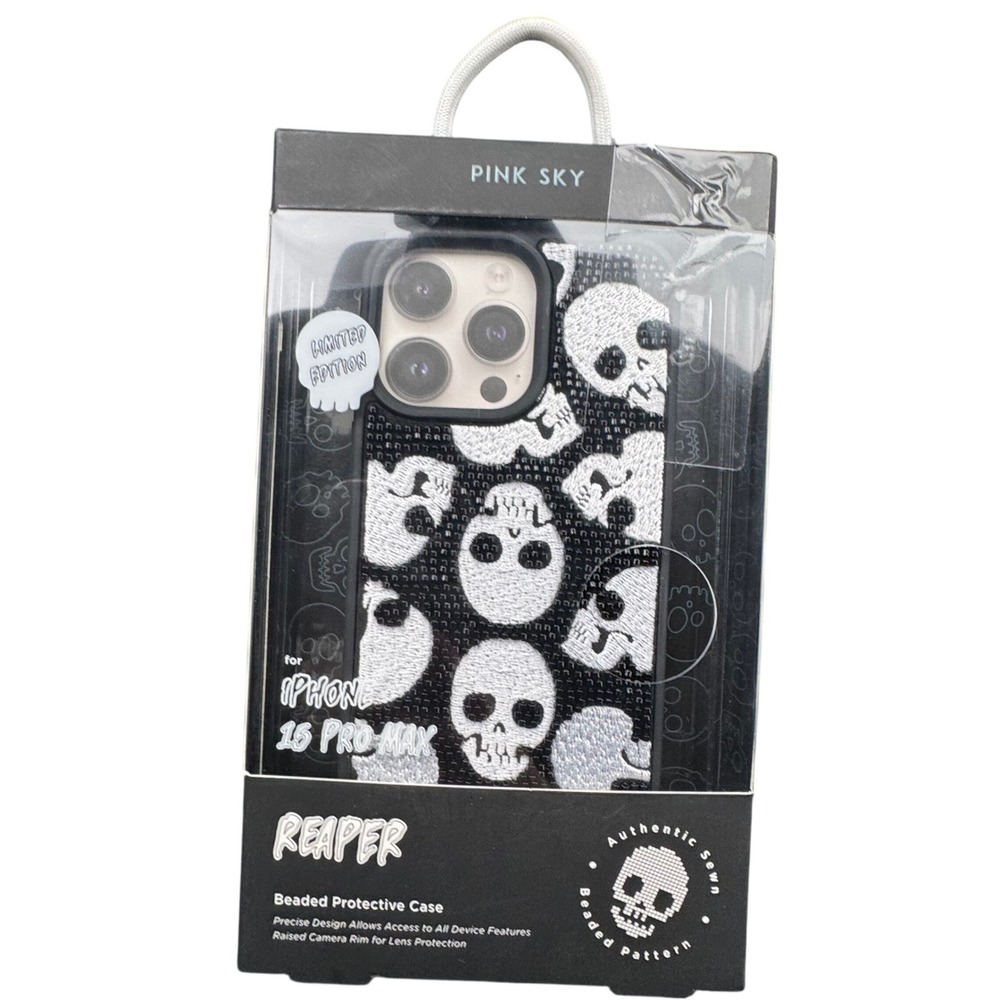 Pink Sky Reaper Beaded Skull iPhone 15 Pro Max Case Black White Limited Edition